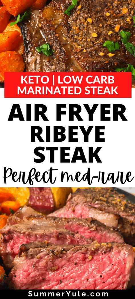 Can you air fry rib eye steak? Absolutely! Try my air fryer rib eye steak recipe and enjoy steak when the weather’s not good for grilling. You’ll love the delicious and juicy steak that results when you air fry ribeye – no steak sauce needed! This easy main dish is low carb and keto. Learn how long to cook steak in the air fryer, picking the right steak for the air fryer, and more! #healthyrecipes #ribeye #steak #keto #lowcarb #dinner #beef Ribeyes In The Air Fryer, Keto Ribeye Steak Recipes, Rib Eye Air Fryer, Air Fryer Chuck Eye Steak, Ribeye Steak In The Air Fryer, Ribeye In The Air Fryer, Beef Ribeye Steak Recipe Crockpot, Ribeye Air Fryer Recipes, Airfryer Ribeye Steak