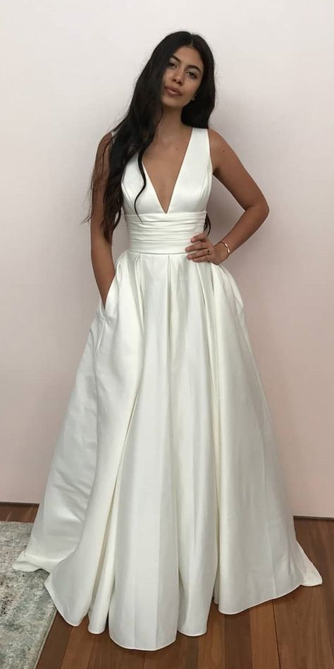 24 Stunning Cheap Wedding Dresses Under $1,000 ❤ cheap wedding dresses a line v neckline simple under 750 oleg cassiniau ❤ See more: https://www.weddingforward.com/cheap-wedding-dresses/ #weddingforward #wedding #bride Wedding Gowns With Pockets, Satin Wedding Gown, Wedding Dress With Pockets, Cheap Wedding Dresses, Wardrobe Update, Wedding Forward, Ivory Wedding Dress, Ribbed Knit Dress, Idea Board