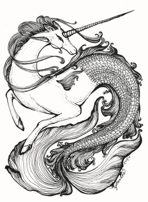 Unicorn Tattoos, Unicorn Mermaid, Harry Potter Tattoos, Fantasy Horses, Mermaid Tattoo, Mermaid Tattoos, Desenho Tattoo, Unicorn Art, Wolf Tattoos