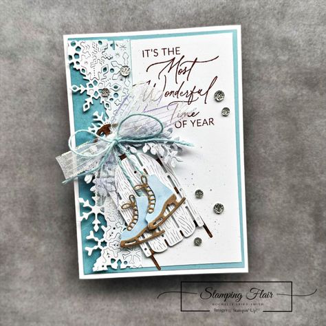 Monochromatic Balmy Blue - Sophisticated Sled - Stamping Flair Winter Cards Handmade, Blue Christmas Cards, Christmas Sled, Stamped Christmas Cards, Snowman Cards, Beautiful Christmas Cards, Stampin Up Christmas Cards, Stampin Up Christmas, Christmas Cards To Make