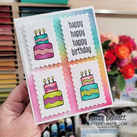 3x3 Cards Stampin Up Ideas, Stampin Up Sending Love Cards, Stampin Up Attention Shoppers Cards, Attention Shoppers Stampin Up Cards, Stampin Up Attention Shoppers, Perennial Postage Stampin Up Cards, Happy Happy Happy, Free Stamps, Birthday Stamps