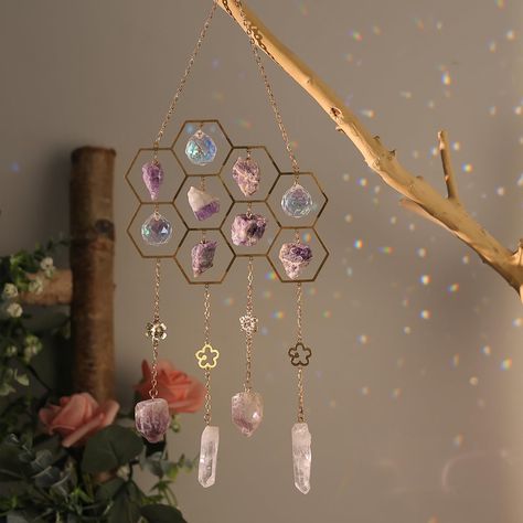 PRICES MAY VARY. Premium Crystal Suncatcher :The shining window hanging crystal suncatcher is made of high quality crystal and natrual stones,combining elegance, charm, and a love for nature in one. Hanging Window Sun Catchers:Hang Window with these exquisite sun catchers, adorned with beautiful beads and crystals that reflect sunlight and create a captivating ambiance. Honeycomb Shaped Sun Catcher:these honey bee-shaped window crystals are the perfect choice, combining elegance, charm, and a lo Spiral Suncatcher, Window Crystals, Sun Catcher Window, Glass Prism, Window Suncatchers, Honeycomb Shape, Hanging Crystal, Crystal Home Decor, Crystal Suncatcher