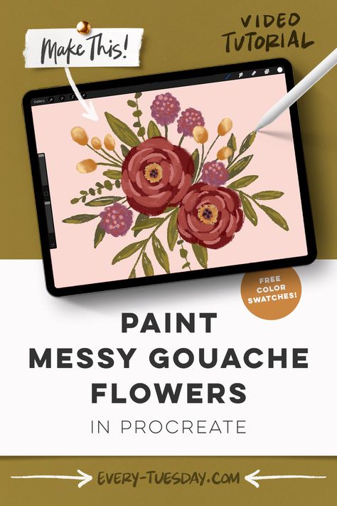 Are you an artist, illustrator, or graphic designer looking to try out digital gouache on your iPad? Whether you’re an experienced Procreate user or just starting out, this tutorial will show you how to create beautiful, messy gouache flowers in Procreate. Head over to the full tutorial to learn about digital gouache and create a stunning composition with a free color palette + composition template! 🖌️ Procreate Drawing Ideas Beginner Flowers, Procreate Templates Free, Gouache Flowers Tutorial, Flowers In Procreate, Composition Template, Procreate Classes, Color Palettes Procreate, Procreate Flowers, Patterns Procreate