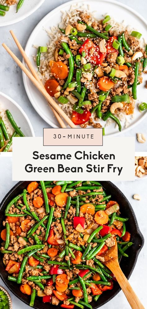 Chicken Green Bean Stir Fry, Sesame Ginger Sauce, Chicken And Green Bean, Green Bean Stir Fry, Stir Fry Dinner, Bean Stir Fry, Healthy Sesame Chicken, Mealprep Dinner, Green Beans Carrots