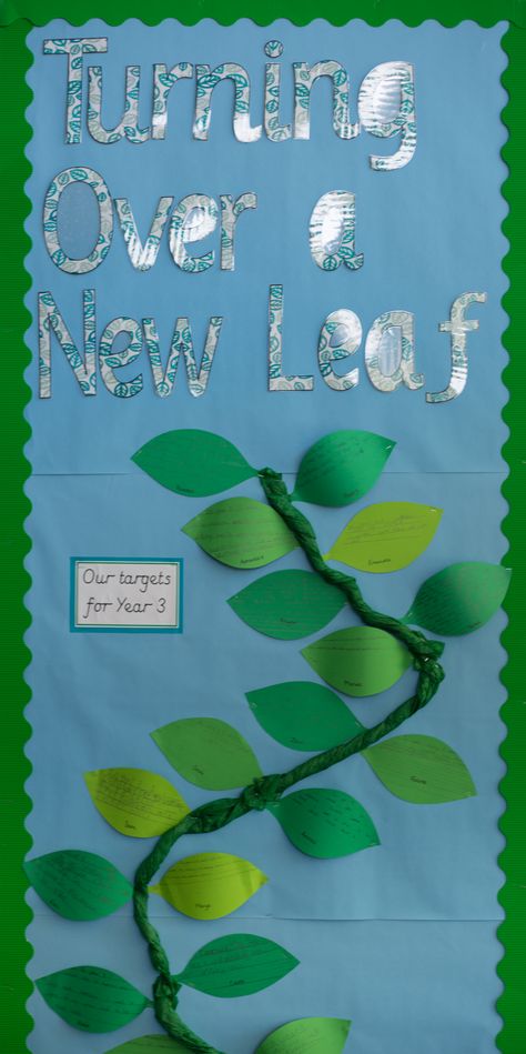 Turning Over a New Leaf. On transition day, children wrote their targets for the year on leaves. I then added these to a beanstalk in the classroom. Behaviour Display Classroom, Year 3 Classroom Ideas, Classroom Displays Secondary, Classroom Displays Ks2, Primary Classroom Displays, Classroom Display Boards, Ks2 Classroom, Teaching Displays, Transition Activities