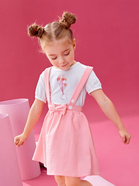 Multicolor Preppy  Short Sleeve Polyester Cartoon  Embellished Slight Stretch Spring/Summer Toddler Girls Clothing Preppy Shorts, Cotton Frocks, Girls Cartoon, Happy Dance, Pinafore Dress, Toddler Girl Dresses, Overall Dress, Toddler Girl Outfits, Two Piece Outfit