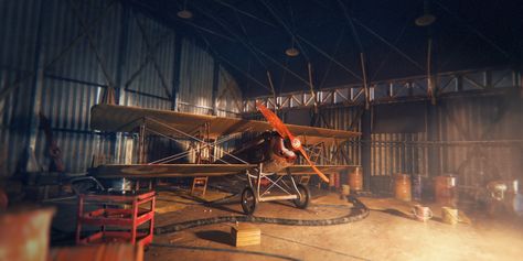 ArtStation - Old Aircraft Hangar, LOIC LEMOINE Plane Hangar, Old Aircraft, Aircraft Hangar, Airplane Hangar, Old Planes, Good Lighting, Vintage Airplane, 3d Concept, Body Frame