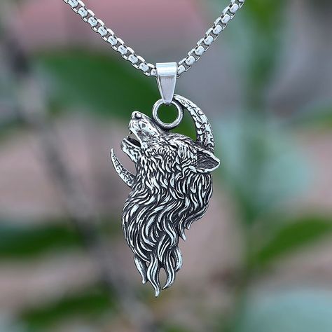 Viking 2024 New Moon And Wolf Pendant Necklace Fashion Metal Chain Jewelry Man Women Couple Gift Wolf Pendant Necklace, Wolf Pendant, Wolves Pendants, Couple Gift, Necklace Fashion, Chain Jewelry, New Moon, Chains Jewelry, Metal Chain