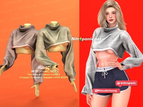 Cropped Turtleneck Sweater for The Sims 4 Super Cropped Hoodie, Swim Model, Cropped Turtleneck Sweater, Kim Dress, Sims 4 Download, Cropped Turtleneck, The Sims 4 Download, Long Sleeve Kids, Sims 4 Clothing