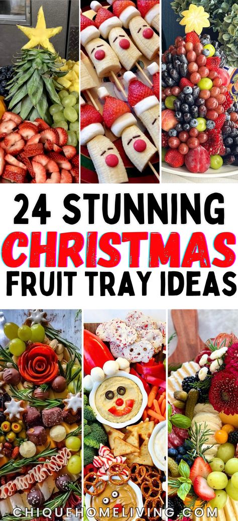 Brighten up your holiday table with these Christmas Fruit Tray Ideas that are as festive as they are delicious! Create colorful displays featuring red and green grapes, strawberries, kiwi, and watermelon shaped into holiday icons like Christmas trees, wreaths, or candy canes. Add a touch of elegance with pomegranate seeds and sugared cranberries or mix in fun elements like marshmallows and chocolate-dipped fruit. For a crowd-pleaser, include a creamy dip like yogurt or white chocolate drizzle. Fruit And Cheese Platter Easy, Festive Platters Christmas Parties, Fruit Board Ideas Christmas, Christmas Brunch Fruit Platter, Cute Christmas Fruit Trays, Christmas Fruit Tray Ideas For Kids, Christmas Fruit Ideas Parties, Christmas Fruit Appetizers For Party, Holiday Fruit Platter Christmas