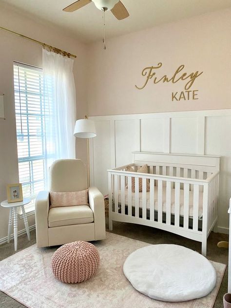 Ottoman (Source) Pink White Nursery Ideas, Nursery Wall Accent Ideas, All White Nursery Girl, Pink And White Nursery Walls, Cute Pink Nursery, Blush Pink Baby Nursery, Waynes Coating Nursery Wall, Baby Girl Nursery Pink And White, Pink White Gold Nursery