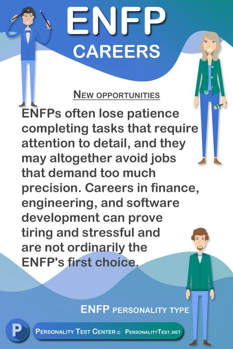 ENFPs often lose patience completing tasks that require them to be thorough, and they might altogether avoid jobs that demand exactness and precision. Careers in finance, engineering, and software development can prove tiring and stressful and are not ordinarily the ENFP's first choice. #ENFP #PersonalityTypes #careers #motivators #opportunities #JungianTypes #JungianTypology Enfp Careers Best Jobs, Enfp Jobs Career, Enfp Career, Enfp Jobs, Enfp Women, Personally Types, Myer Briggs, Enfp Personality, Enneagram 4