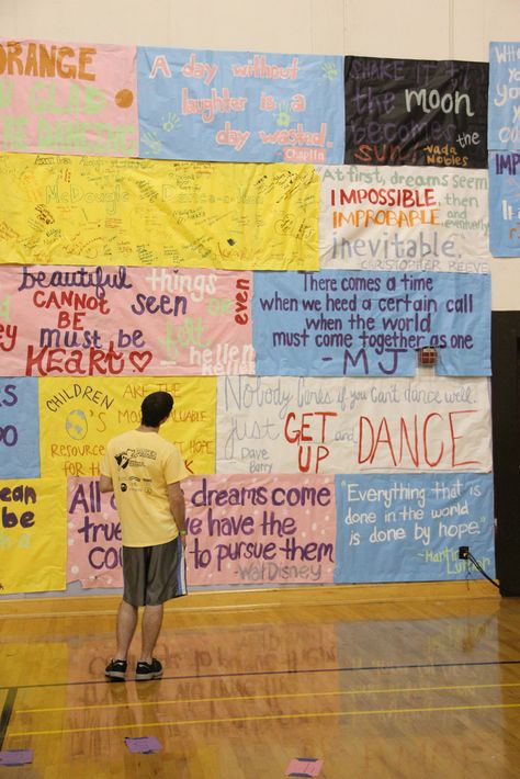 Looking for some inspiration? Read the walls! Banners cover every wall in Fetzer Gym A and Gym B, full of quotes to inspire you! Marathon Signs, Children's Miracle Network Hospitals, College Vision Board, Dance Marathon, Winter Dance, Cute Banners, Student Services, Charity Fundraising, Student Council