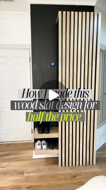 Stephanie Daniel | DIY & Home Decor on Instagram: "If you’ve been following me for a while, then you know that I LOVE wood slat wall design.   However, they can get expensive for large areas.   So, I came up with the idea of ripping 1×2×8 pine in half when I was building my coat rack area.   It ended up costing me half the price for this DIY slat wall design.   If I plan on painting the slats instead of staining them, I use primed pine, which is even cheaper than select pine.   I know lots of people use plywood, but seeing the unfinished edge of plywood bothers me, so I prefer using solid wood." Wood Slat Wall With Coat Hooks, Wood Slat Coat Rack Wall, Wood Slat Accent Wall Diy, Easy Slat Wall Diy, Diy Wall Slat Wall, Slat Wall High Ceiling, Partial Wood Accent Wall, Backlit Slat Wall, Entryway Wood Slat Wall