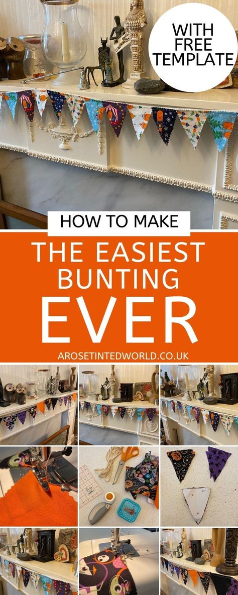 How To Make The Easiest Bunting Ever! ⋆ A Rose Tinted World How To Make Bunting Easy, Cute Bunting Ideas, How To Make Bunting Easy Fabric Banners, Flag Bunting Diy, Easy Bunting Diy, Birthday Bunting Ideas, How To Make A Bunting Banner, Fabric Bunting Ideas, Scrap Fabric Bunting