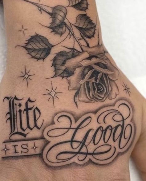 Medium Hand Tattoos, Life Is Good Tattoo, Traditional Tattoo Names, Chicana Tattoos For Women, Script Tattoos For Women, Cholo Tattoo Ideas, Low Rider Tattoo, Chicana Tattoos, Cute Name Tattoos