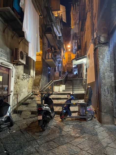 Alleyway in naples italy at night, graffiti, stairs, motorcycle. grunge aesthetic. Europe Grunge Aesthetic, Italian Neighborhood Aesthetic, Italian Grunge Aesthetic, Dark Italian Aesthetic, Italy Alleyway, Italian Alleyway, Naples Italy Aesthetic, Italian American Aesthetic, Old Italian Aesthetic