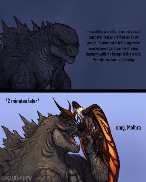 Human Godzilla Art, Godzilla X Mothra Fanart, Godzilla X Mothra Human, Mothra X Godzilla, Godzilla And Mothra, Godzilla X Mothra, Godzilla Fanart, American Mcgee’s Alice, Big Monster