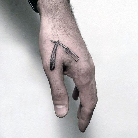 Hand Tattoos For Men, Herren Hand Tattoos, Barber Tattoo, Unique Small Tattoo, Knife Tattoo, Skeleton Hand Tattoo, Back Of Shoulder Tattoo, Small Hand Tattoos, Small Tattoos For Guys