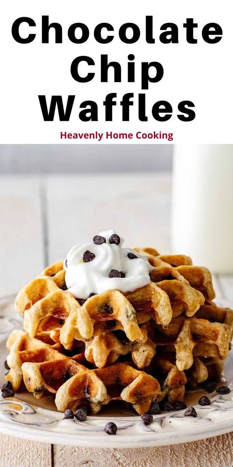 If you love chocolate chip cookies, you will love these delicious chocolate chip waffles! These waffles are made with buttermilk so they are light and fluffy inside and crispy on the outside. This recipe is quick, easy, and make ahead friendly! Get the full recipe with step-by-step photos at Heavenly Home Cooking. Chocolate Chip Waffles Recipe, Chocolate Chip Waffle Recipe, Waffle Mix Recipes, Chocolate Chip Waffles, Belgian Waffles Recipe, Smoothie Bowl Healthy, Waffles Recipe, Waffle Cake, Waffle Mix