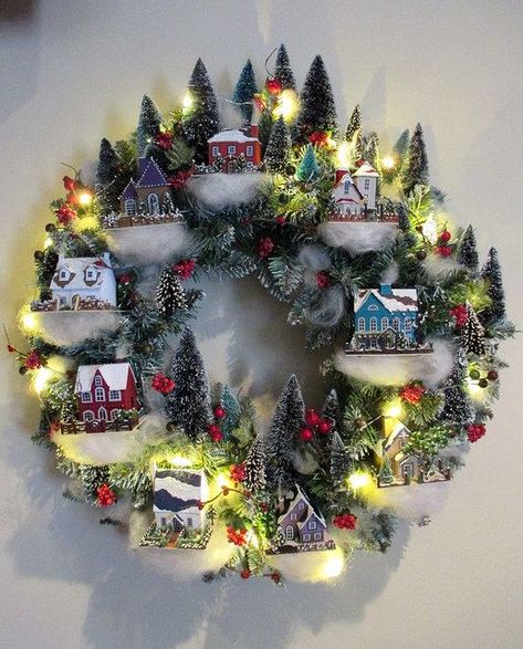 Christmas village wreath | My version of a Martha Stewart de… | Flickr                                                                                                                                                                                 More Christmas Village Wreath, Village Wreath, Dekoratívne Vence, Porte Decorate, Navidad Diy, Xmas Wreaths, Indoor Christmas Decorations, Indoor Christmas, Christmas Villages