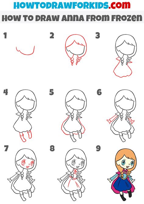 Frozen Easy Drawing, Draw Frozen Characters, Elsa Drawing Easy Step By Step, Anna Hairstyle, How To Draw A Princess For Kids, How To Draw Anna Step By Step, Anna Frozen Drawing, Step By Step Disney Characters, How To Draw Elsa From Frozen 2