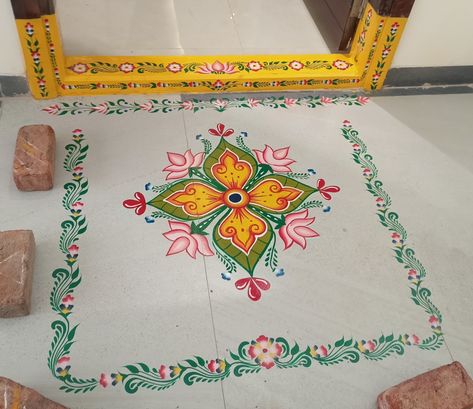 Contact no: 9177626503 Rangoli Painting On Floor Border, Rangoli Painting On Floor, Paint Rangoli Designs On Floor, Paint Rangoli, Painting Rangoli Design, Gadapa Designs, Threshold Design, Rangoli Decoration, Rangoli Painting