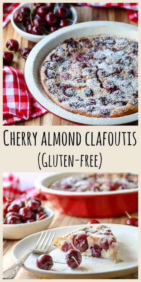 Cherry Almond Clafoutis is an elegant, impressive and beautiful dessert that couldn't be more simple to make. Made with almond flour and sweet, pitted cherries, this delicious gluten-free recipe requires less than 20 minutes of active cooking time. Cherry Clafoutis Recipe, Clafoutis Recipes, Cherry Clafoutis, Custard Desserts, Fresh Cherry, Sweet Bites, Impressive Desserts, French Recipes, Cherry Desserts