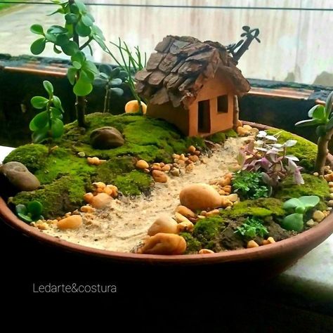 Painting Ideas Garden, Plant Pot Painting Ideas, Miniature Garden Ideas, Plant Pot Painting, Bowl Centerpieces, Pot Painting Ideas, Glass Bowl Centerpieces, Succulent Garden Landscape, Miniature Zen Garden