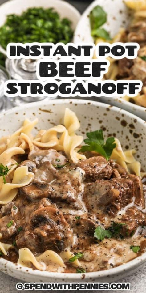 Make this instant pot beef stroganoff recipe for a hearty and comforting meal that the whole family will enjoy. Fork-tender meat and a savory mushroom sauce are what make this dish so delicious. And with the help of the Instant Pot, this is so easy and quick to make. Serve over a bed of noodles or rice, or for keto lovers some zucchini noodles, or riced cauliflower. #instantpotbeefstroganoff #beefstroganoffinstantpot #beefstroganoff #spendwithpennnies Dairy Free Beef Stroganoff Instant Pot, Beef Stroganoff Pressure Cooker, Stroganoff No Mushrooms, Beef Stroganoff No Mushrooms, Instapot Beef Stroganoff, Mushrooms Instant Pot, Instant Pot Stroganoff, Beef Stroganoff Instant Pot, Instant Pot Beef Recipes