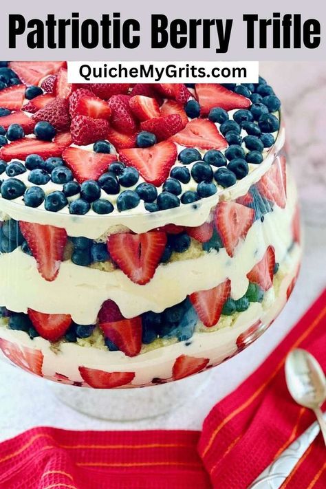 berry trifle in a large bowl. Red White And Blue Truffle Dessert, Red White Blue Trifle Desserts, 4th Of July Trifle Red White Blue, Fourth Of July Trifle Red White Blue, Red White And Blue Trifle Desserts, July 4th Trifle Dessert, Red White And Blue Recipes, Trifle With Pound Cake, Red White Blue Desserts