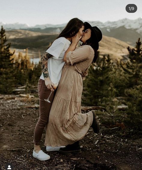 Couple Poses Girlfriends, Casual Lesbian Wedding, Lesbian Couple Photoshoot Outfits, Sapphic Engagement Photos, Lesbian Photo Shoot Outfits Fall, Lesbian Fall Photo Shoot Outfits, Couple Poses Reference Wlw, Lesbian Photo Shoot Outfits, Wlw Engagement Photos