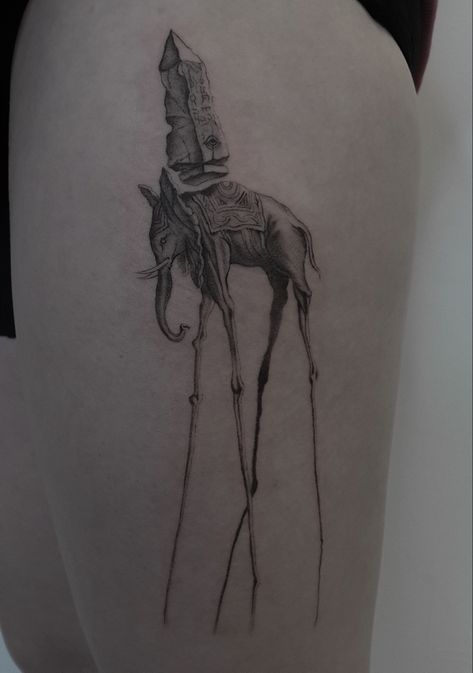 Microrealism tattoo on leg Tattoo artist: Yana Silantyeva Dali Elephant Tattoo, Salvador Dali Elephant, Elephants Tattoo, Dali Elephant, Microrealism Tattoo, Tattoo On Leg, Elephant Tattoo, Leg Tattoo, Salvador Dali