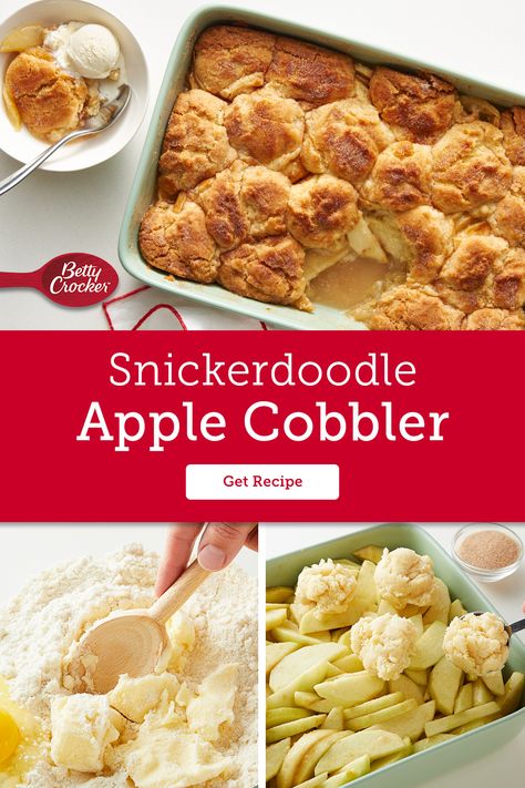 A cookie inspired cobbler? You've got it. We've combined everyone’s favorite cinnamon, sugar, and apple flavors to create an easy dessert. Pick up Betty Crocker sugar cookie mix, sliced apples, and a few other ingredients and we'll show you how it's done. Betty Crocker Snickerdoodle Apple Crisp, Thanksgiving Desert Ideas, Family Deserts, Snickerdoodle Apple Cobbler, Betty Crocker Sugar Cookie Mix, Betty Crocker Sugar Cookies, Soul Kitchen, Betty Crocker Recipes, Sugar Cookie Mix