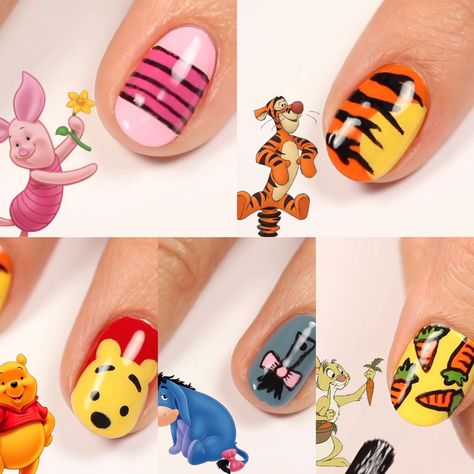 Easy Winnie The Pooh Nails, Winnie The Pooh Nails, Pooh Nails, Winnie The Pooh Drawing, Mickey Nails, Chicka Chicka, Disney Nails, Shellac Nails, Short Acrylic Nails Designs