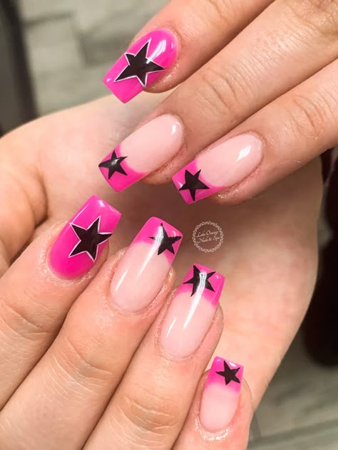 Pink And Black Star Nails, French Tip Acrylic Nails Pink, Black And Hot Pink Nails, Hot Pink And Black Nails, Hot Pink French Tip Nails, Hot Pink French Tip, Nail Designs Hot Pink, Nails Pink Acrylic, Acrylic Nails Pink