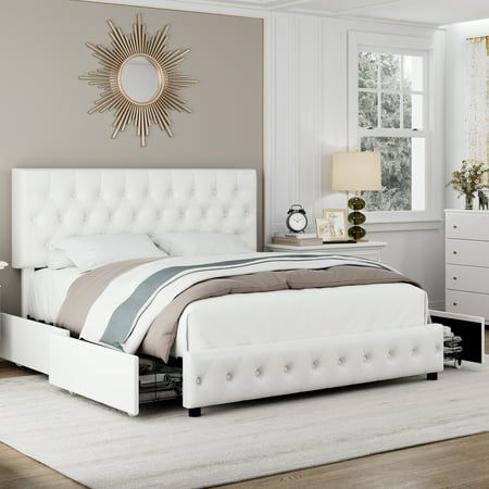 This bed frame with 4 storage drawers is composed of strong natural wood board and quality wooden slats with metal, sturdy and durable. The faux leather headboard can be adjusted to 44.5 or 50 inches high so as to adjust for 10-12 inches mattress. Don't need a box spring, just add your mattress on after easy assembly and you'll be all set. Living in a small space often presents big demands for smart storage. That's what we wanted to do, We made the bed frame with generous drawers, We hope you wi White Headboard Bedroom, White Queen Bed Frame, Cheap Bed Frame, Faux Leather Headboard, Platform Bed Frame Full, Bed Frame Sets, Bed Frame With Drawers, White Bed Frame, Storage Platform Bed