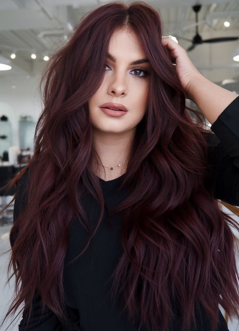 Winter Hair Color Ideas for Brunettes: 25 Stunning Looks for a Bold Transformation Winter All Over Hair Color, Burgundy Hair For Brunettes, All Over Color For Dark Hair, Red With Brunette Hair, N5 Hair Color, Hair Dyes For Brunettes, Cherry Merlot Hair, Winter Balyage Long Hair Brunettes, New Fall Hair Colors 2024