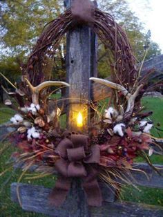 For the past 3 yrs. I've been making a new deer antler wreath in the fall..  So what better time than a burlap challenge to try no.4? 1. An oblong,  grapevine wreath was my inspiration this year. With a plastic, battery operated candle for the center. Here are a few of the items that might make it on this years wreath...all woodsy & nature stuff. Dried leaves, acorns, cat tails, berries, all things you would find on a brisk, fall, walk in the woods.. Or at Pier 1,  clearanced from $3.0… Deer Antler Wreath, Hunting Wreath, Deer Antler Crafts, Antler Wreath, Antler Ideas, Fall Walk, Deer Antler Decor, Antler Decor, Antlers Decor