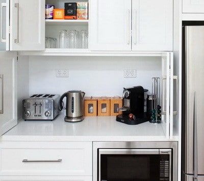 40 Appliance Storage Ideas For Smaller Kitchens Hide Appliances, Small Kitchen Appliance Storage, Rolling Carts, Kitchen Appliance Storage, Modern Kitchen Appliances, Countertop Appliances, Small Kitchen Storage, Appliances Storage, Hidden Compartments