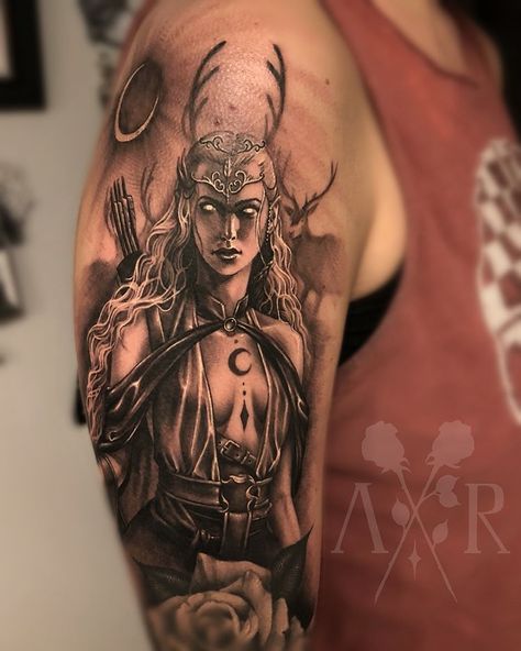 Angel Rose Fergerstrom on Instagram: “Artemis, goddess of the hunt. I am very happy with my recent progress towards creating depth in my tattoos. What do you guys…” Artemis Goddess Tattoo, Goddess Tattoo Ideas, Greek Goddess Tattoo, Apollo Tattoo, Artemis Tattoo, Archer Tattoo, Aphrodite Tattoo, Athena Tattoo, Valkyrie Tattoo