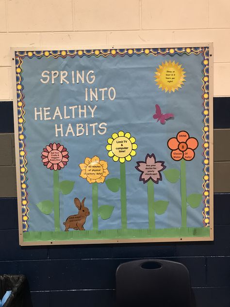 Spring Nurse Bulletin Boards, Spring Into Healthy Habits Bulletin, School Nurse Decorations, Nurse Decorations, Nutrition Bulletin Boards, Nurse Clinic, Pe Bulletin Boards, Cardiac Rehab, Nurse Bulletin Board