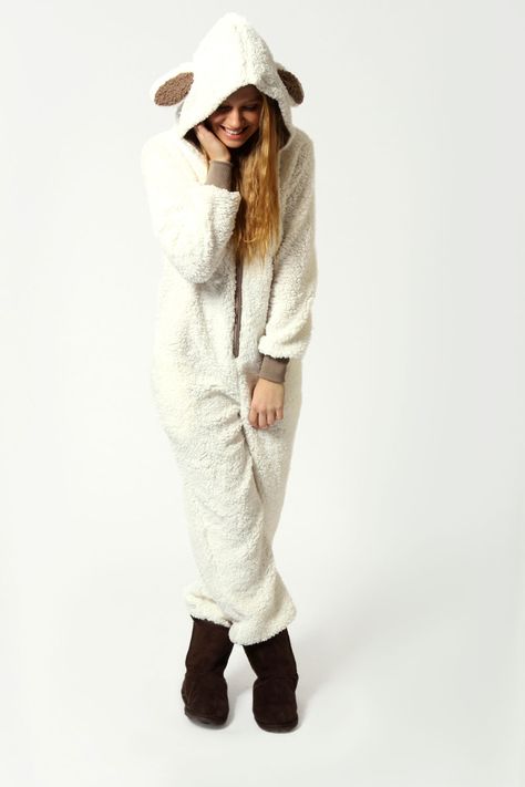 Barbara Shearling Sheep Hooded Animal Onesie at boohoo.com but just for around the house cozy Sheep Onesie, Onesies For Women, Adult Onesies, Womens Onesie, House Cozy, Women Right, Animal Onesie, Animal Pajamas, Cozy Accessories