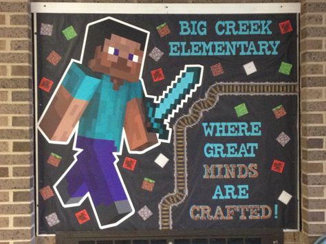 Minds Crafted - Minecraft Minecraft Classroom Door, Fortnite Bulletin Board Ideas, Video Game Classroom Door Ideas, Video Game School Theme, Minecraft Bulletin Board Ideas, Minecraft Classroom Ideas, Video Game Theme Classroom, Video Game Bulletin Board, Minecraft Bulletin Board