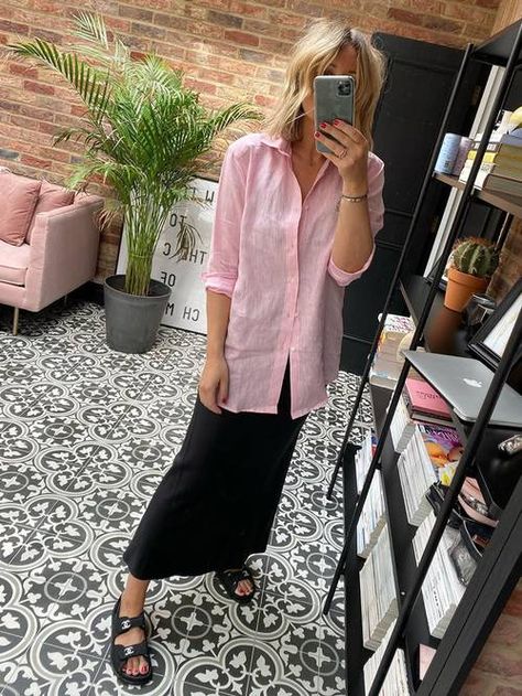 Silk Skirt + Button Down + Sporty Sandals Midi Skirt Button Down Shirt, Tank Dress With Button Down Shirt, Silk Skirt Button Down Shirt, Slip Dress And Button Down Shirt, Slip Skirt Summer Outfit, Slip Skirts Outfit, Silk Skirt Street Style, Linen Midi Skirt Outfit, Slip Skirt Outfit Summer