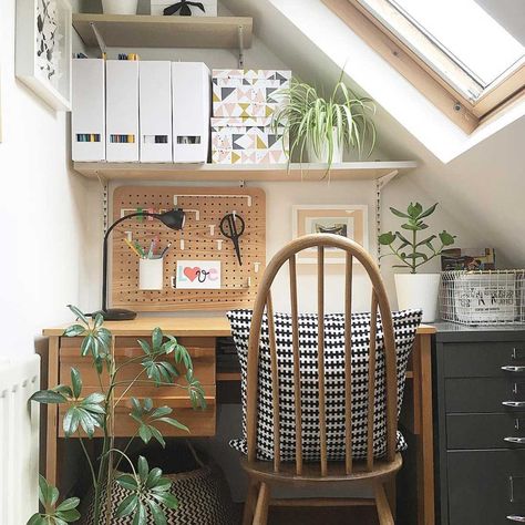 10 Small Office Décor Ideas | The Family Handyman Herringbone Wood Wall, Small Office Decor, Ikea Uk, Zimmer Diy, Attic Office, Tiny Office, Loft Office, Loft Room, Attic Rooms