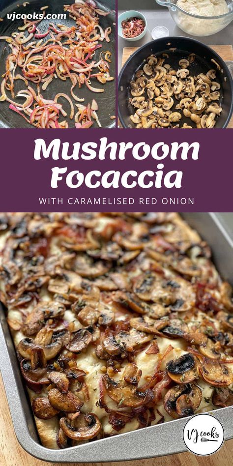 Mushroom Focaccia - VJ Cooks Foccacia Bread Mushroom, Mushroom Focaccia Bread, Whole Wheat Focaccia Bread Recipe, Mushroom Focaccia, Whole Wheat Focaccia, Foccacia Recipe, Vegetarian Party, Party Bread, Breaded Mushrooms