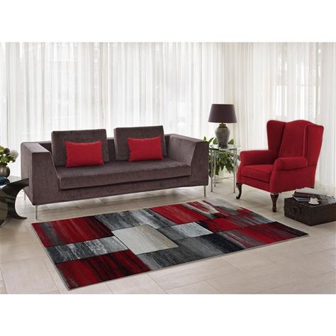 This abstract area rug by La Dole Rugs® features a contemporary design and polypropylene construction. Ideal for hardwood, laminate and tiled floors. Easy to clean.Material: 100% PolypropyleneConstruction: Machine madePile Height: 14 mmSuitable for living room, bedroom, kid's room, dining room, or home office.Product Care: Professional Cleaning Recommended, Spot clean when necessary, vacuum regularly | La Dole Rugs La Dole Rugs® Copper Currant Geometric Area Rug - 8' x 11' - Grey CPR10906 La Dol Red Gray Black Color Palette, Gray And Burgundy Living Room, Gray And Red Living Room, Grey And Red Living Room, Red Living Room Decor, Taupe Rug, Living Room Red, Blue Grey Rug, Black Area Rugs