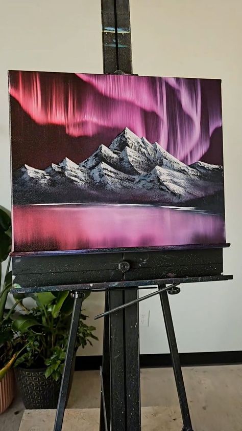 Northern Lights Mountains Painting, Landscape Paintings Beginner, How To Paint Mountains, Painting Ideas Mountains, Painting Ideas Scenery, Mountain Range Painting, Oil Painting Mountains, Mountain Acrylic Painting, Easy Nature Paintings