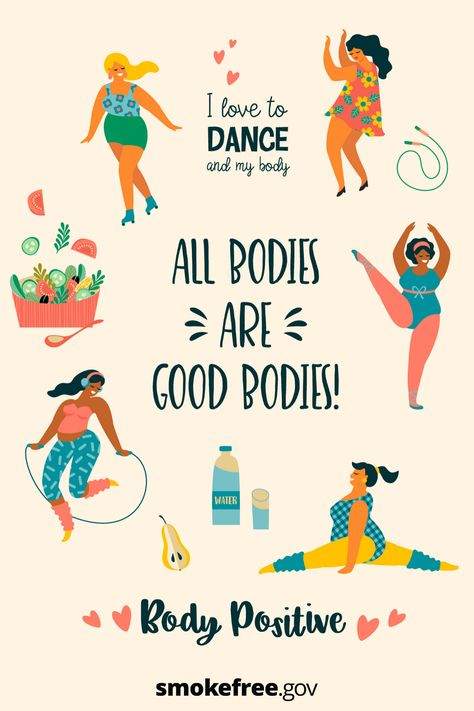 Feeling good about your body can be difficult. But learning to have a positive body image can improve your self-esteem and increase your chances of #QuittingSmoking for good.  Check out these tips for creating a positive body image. Positivity Activities, Body Image Activities, Improve Body Image, Confidence Building Activities, Positivity Art, Healthy Body Images, Body Positive Quotes, Body Positivity Art, Body Acceptance